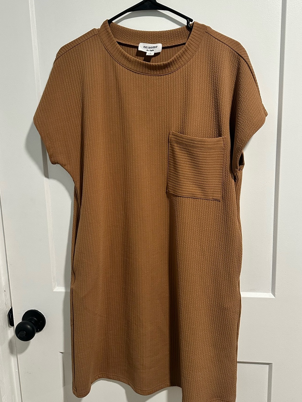 Eesome Brown Ribbed Pocket T-Shirt Dress